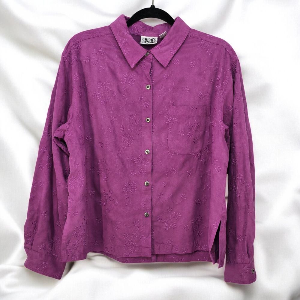 CHICOS DESIGN Shirt‎ Women 2 (Large) Purple Button Front Embroidered Faux Suede
